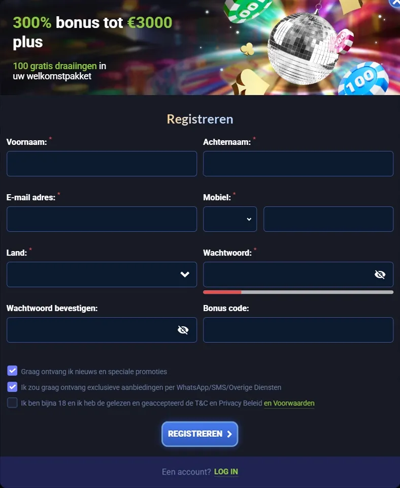 Disco Win Casino formulaire d'inscription mobile avec champs de saisie