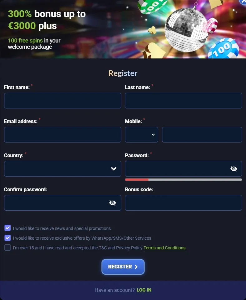 Disco Win Casino page d'inscription avec champs de formulaire