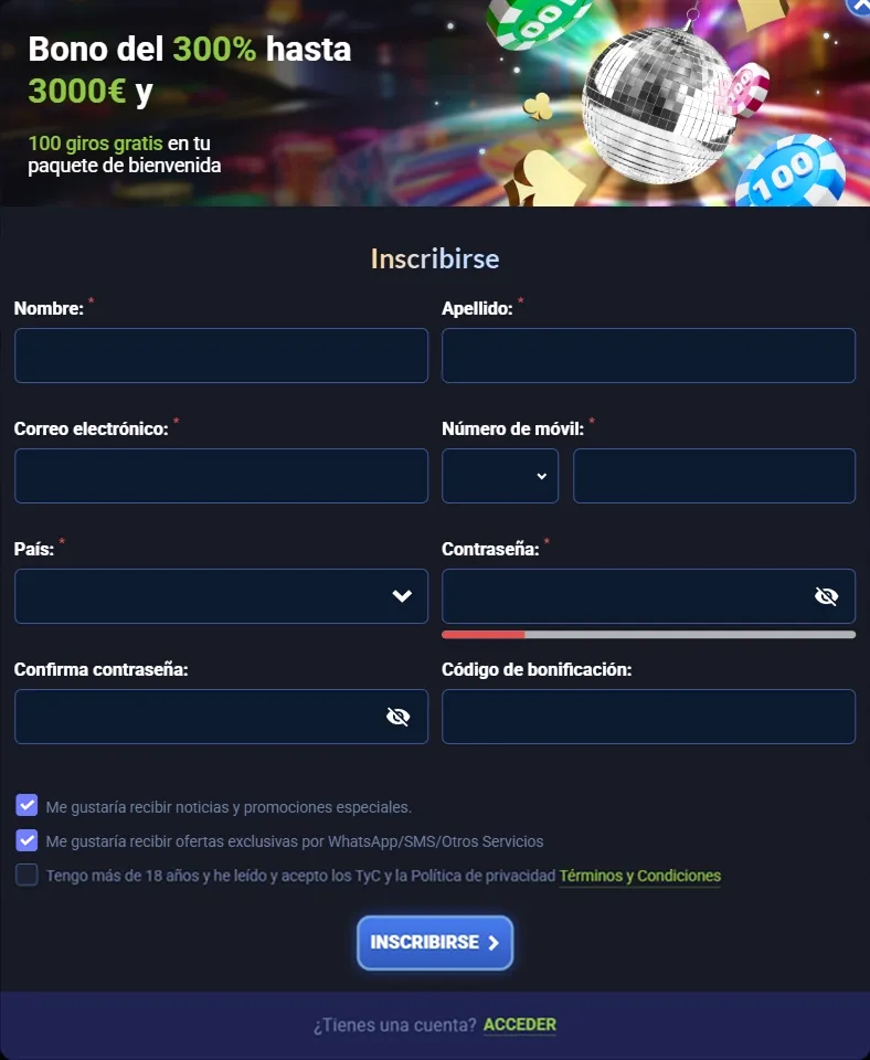 Disco Win Casino inscription form with bonus offer details