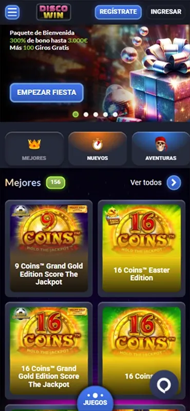 Disco Win Casino mobile interface showing slot games and bonus offers