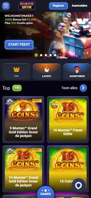 Disco Win Casino mobile lobby with slot games and promotions