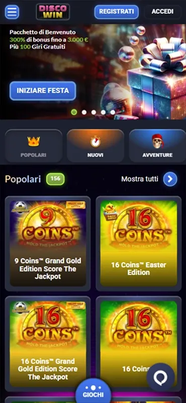 Disco Win Casino mobile interface with popular slot games