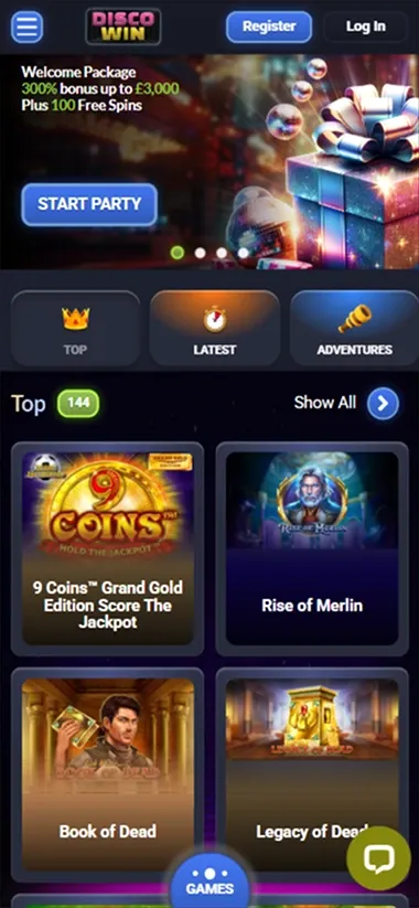 Capture d'écran mobile de Disco Win Casino avec des jeux de machines à sous