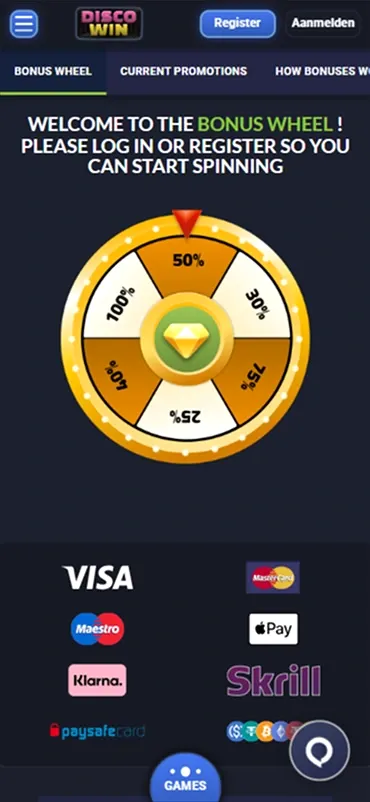 Roue bonus Disco Win avec des sections pour des prix et des tours gratuits