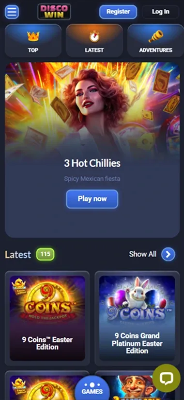 Captures the Disco Win Casino mobile interface with game categories and a featured slot.