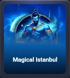Génie bleu magique avec des bijoux, sur fond de ciel nocturne, texte "Magical Istanbul
