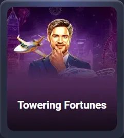 Homme d'affaires confiant avec un avion et une ville illuminée, jeu "Towering Fortunes